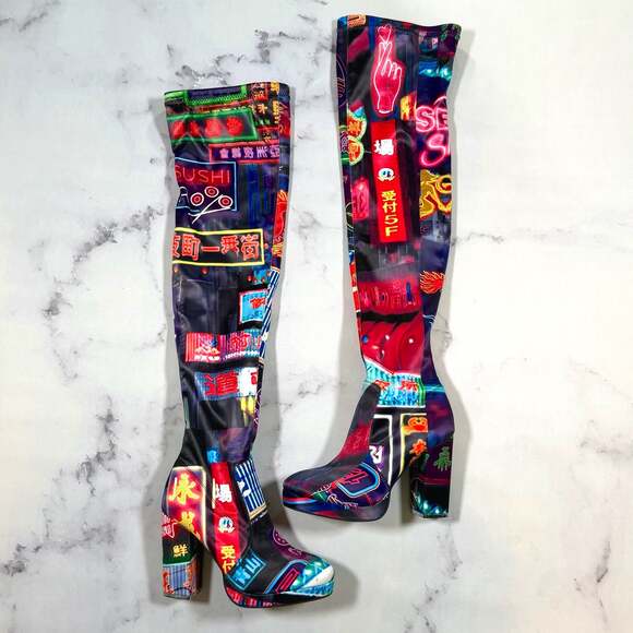 Dolls Kill Shoes - Dolls Kill Current Mood Midnight City Print Thigh High Platform Boots 8